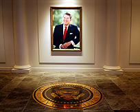 Ronald Regan Portrai and Presidential Seal at the Library photo